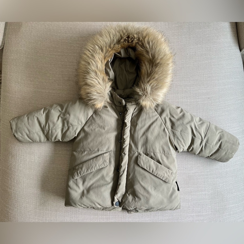 Zara Green Puffer Jacket with Faux Fur Trim 9-12M